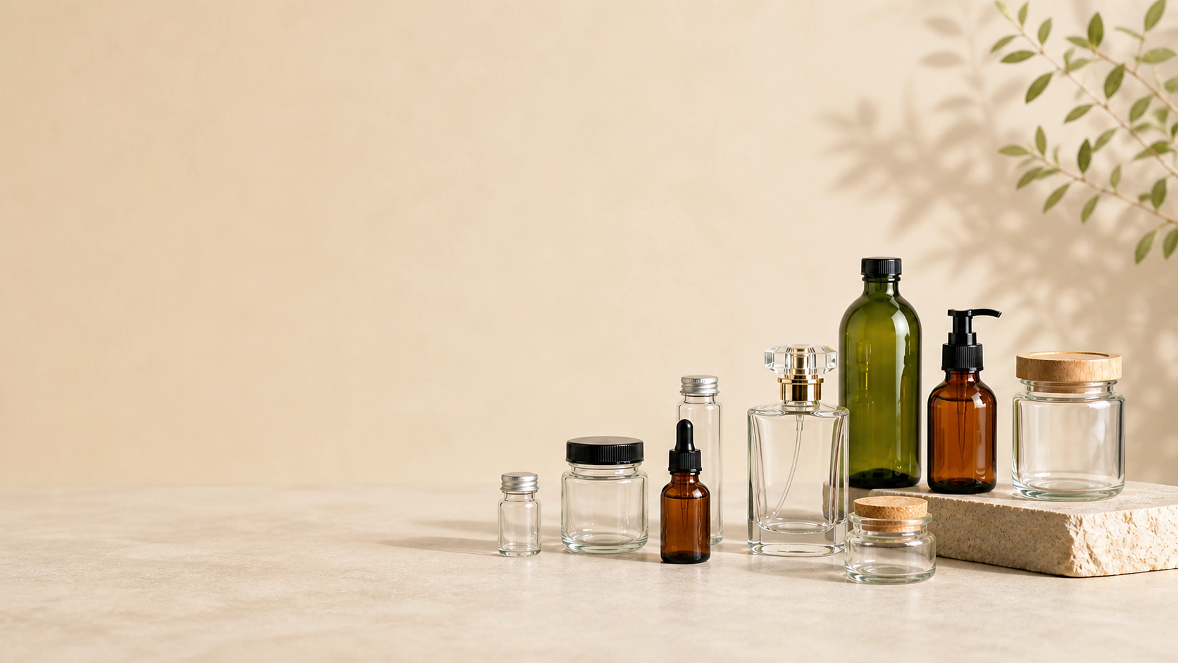 Assorted glass bottles, jars and vials for custom packaging.